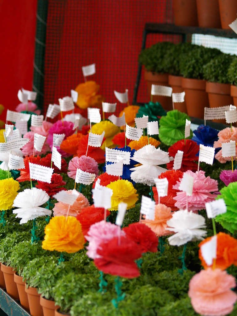 Manjerico basil plants with paper carnations and quadras — Santos Populares tradition
